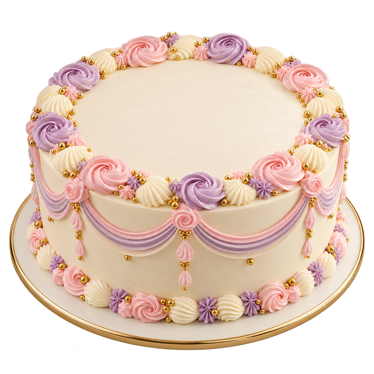 A whole round ivory birthday cake with blush and lavender frosting on a cream serving plate