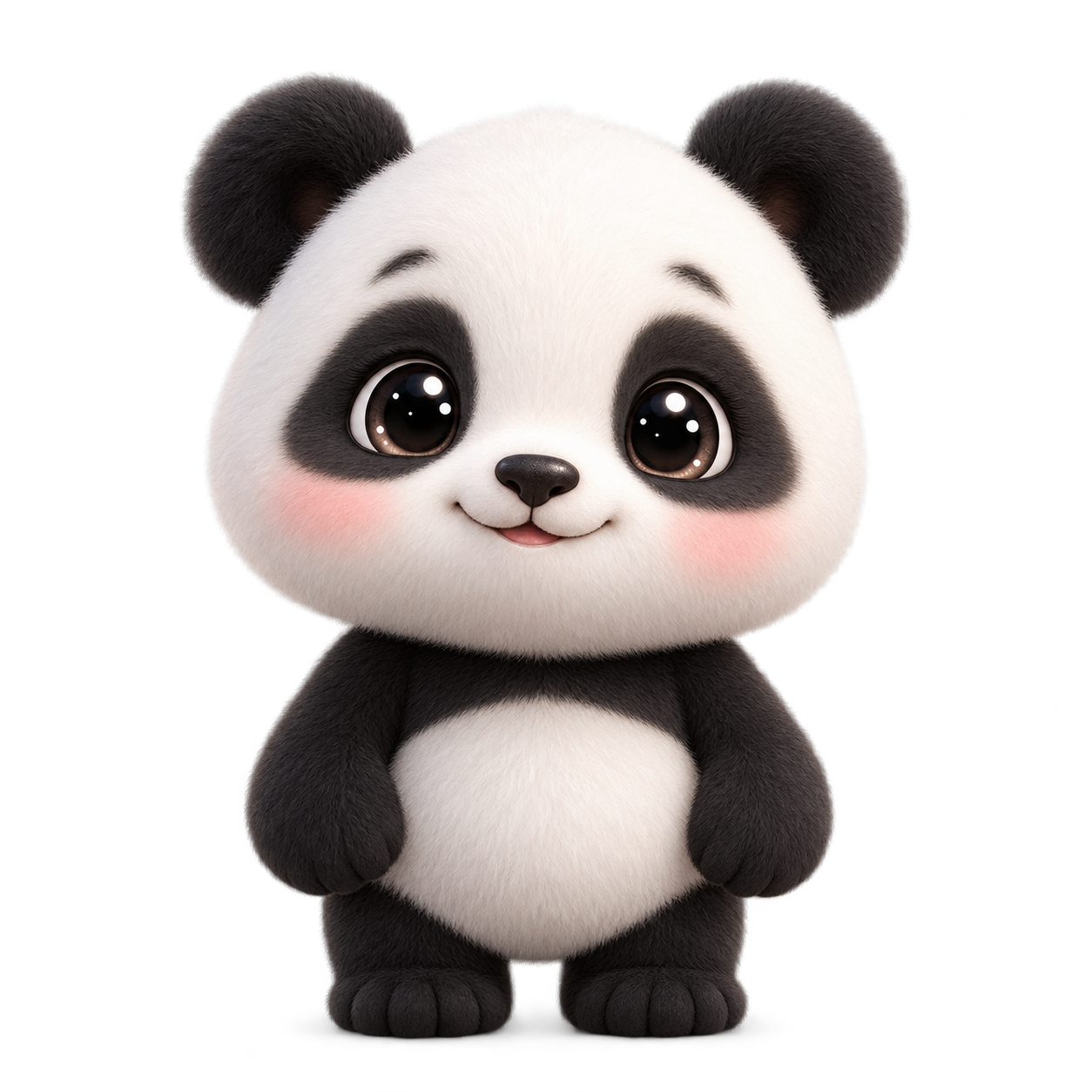 A smiling panda with sparkling eyes and rosy cheeks