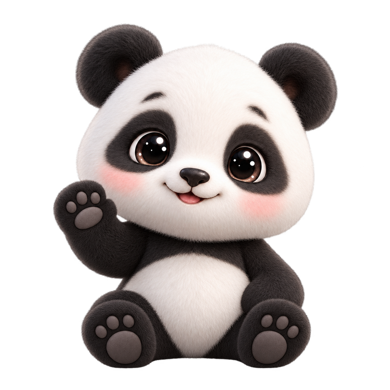 A matching panda waving hello with one paw raised